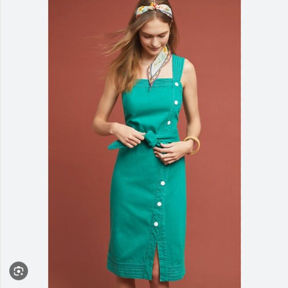 Maeve Anthropologie Elizabeth Midi Dress Button Side 60's Retro Style Sz 12 - Picture 1 of 7